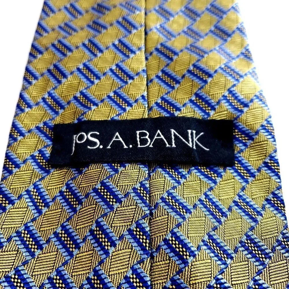 Jos A Bank Blue Yellow Woven Geometric Long‎ Silk Tie